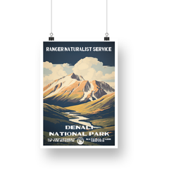 Denali National Park Poster – Sunlit Summit & Mountain Valley – Ranger Header