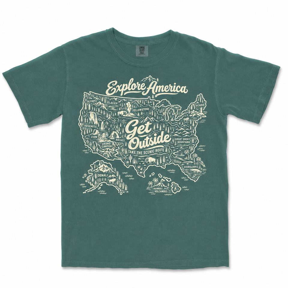 Explore America Get Outside Garment-Dyed T-Shirt — Blue Spruce