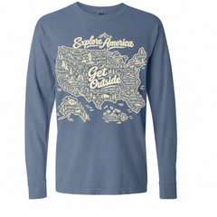 Explore America Get Outside Garment-Dyed Long Sleeve T-Shirt — Blue Jean