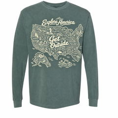 Explore America Get Outside Garment-Dyed Long Sleeve T-Shirt — Blue Spruce
