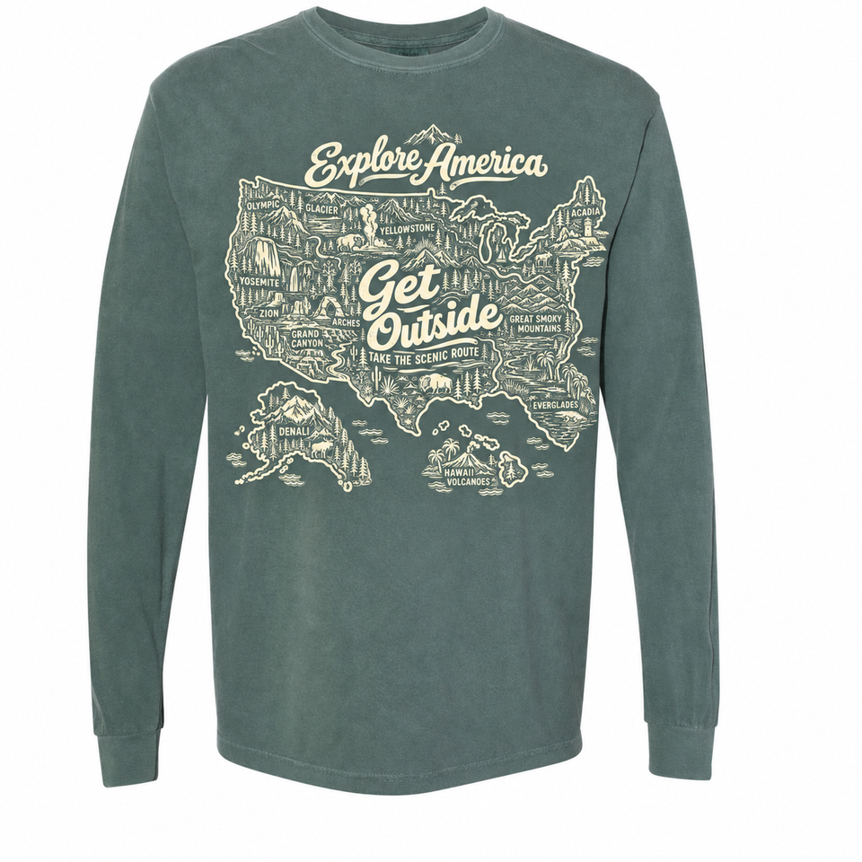Explore America Get Outside Garment-Dyed Long Sleeve T-Shirt — Blue Spruce