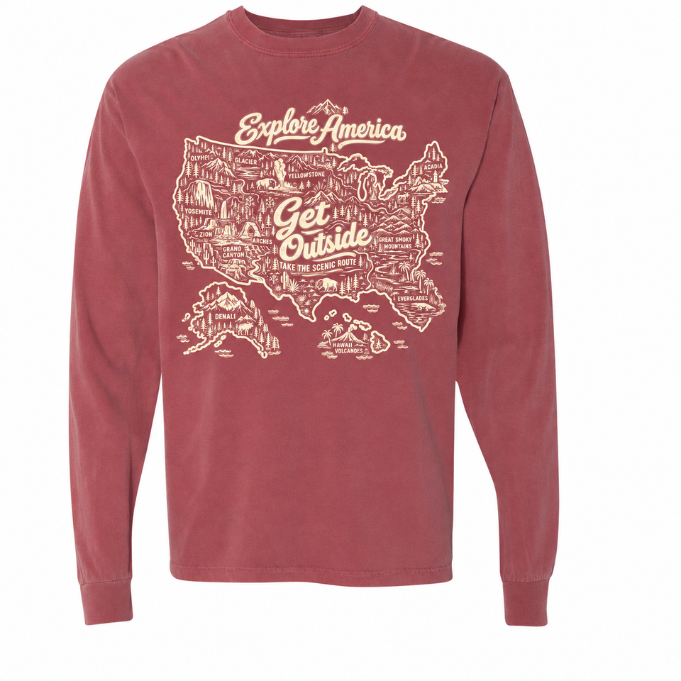 Explore America Get Outside Garment-Dyed Long Sleeve T-Shirt — Brick