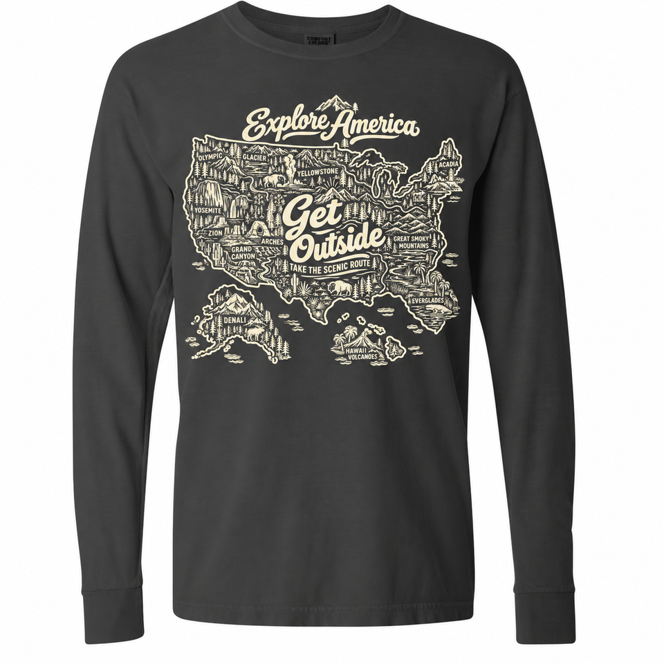 Explore America Get Outside Garment-Dyed Long Sleeve T-Shirt — Pepper