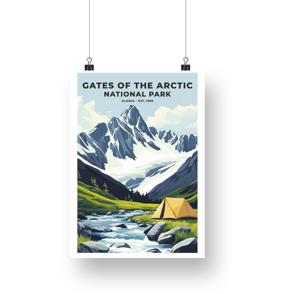 Gates of the Arctic National Park Poster – Riverside Tent & Snowy Peaks