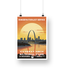 Gateway Arch National Park Poster – Arch Skyline & Golden Sun – Ranger Header