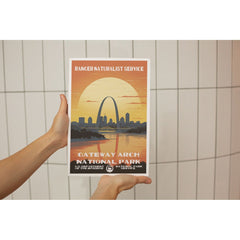 Gateway Arch National Park Poster – Arch Skyline & Golden Sun – Ranger Header