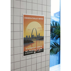 Gateway Arch National Park Poster – Arch Skyline & Golden Sun – Ranger Header