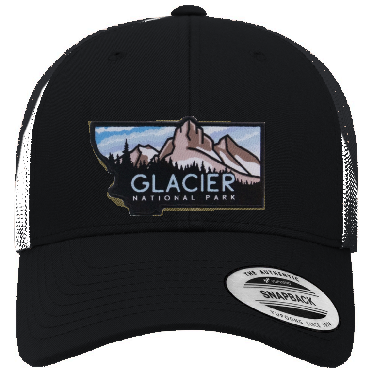 Glacier National Park Mesh Snapback Hat in Black/White — corrected color mockup