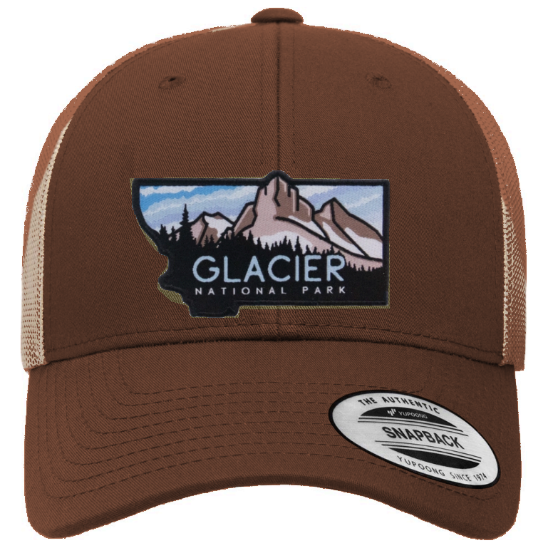 Glacier National Park Mesh Snapback Hat in Brown/Khaki — corrected color mockup
