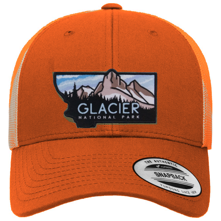 Glacier National Park Mesh Snapback Hat in Orange/Khaki — corrected color mockup