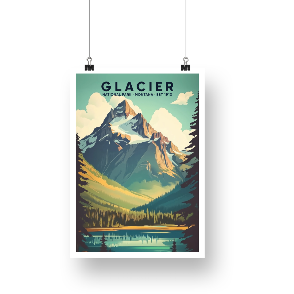 Glacier National Park Poster – Snowy Peak & Turquoise Lake