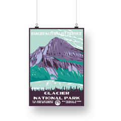 Glacier National Park Poster – Purple Mountain & Forest Lake – Ranger Header