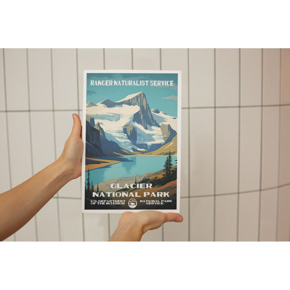 Glacier National Park Poster – Alpine Lake & Jagged Peaks – Ranger Header