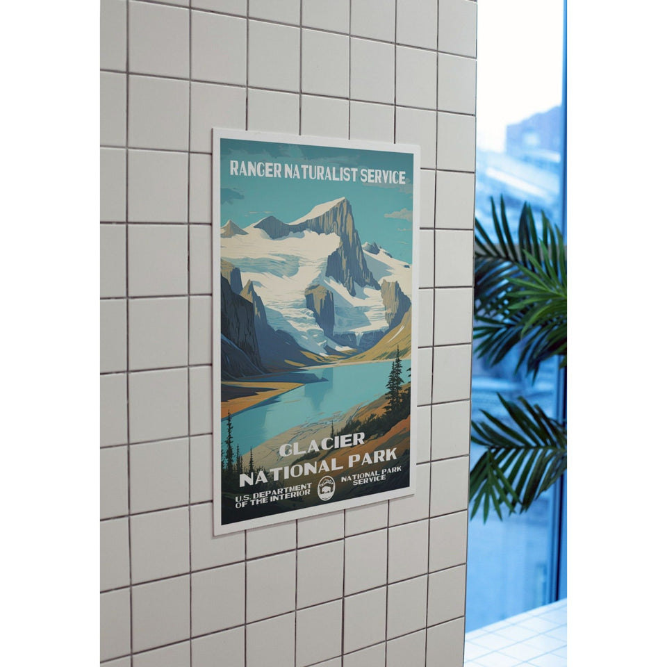 Glacier National Park Poster – Alpine Lake & Jagged Peaks – Ranger Header