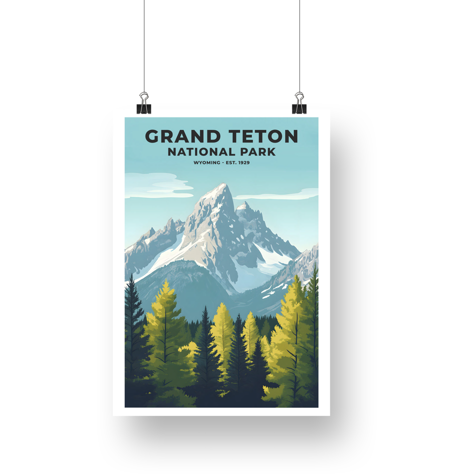 Grand Teton National Park Poster – Snowy Summit & Golden Pines