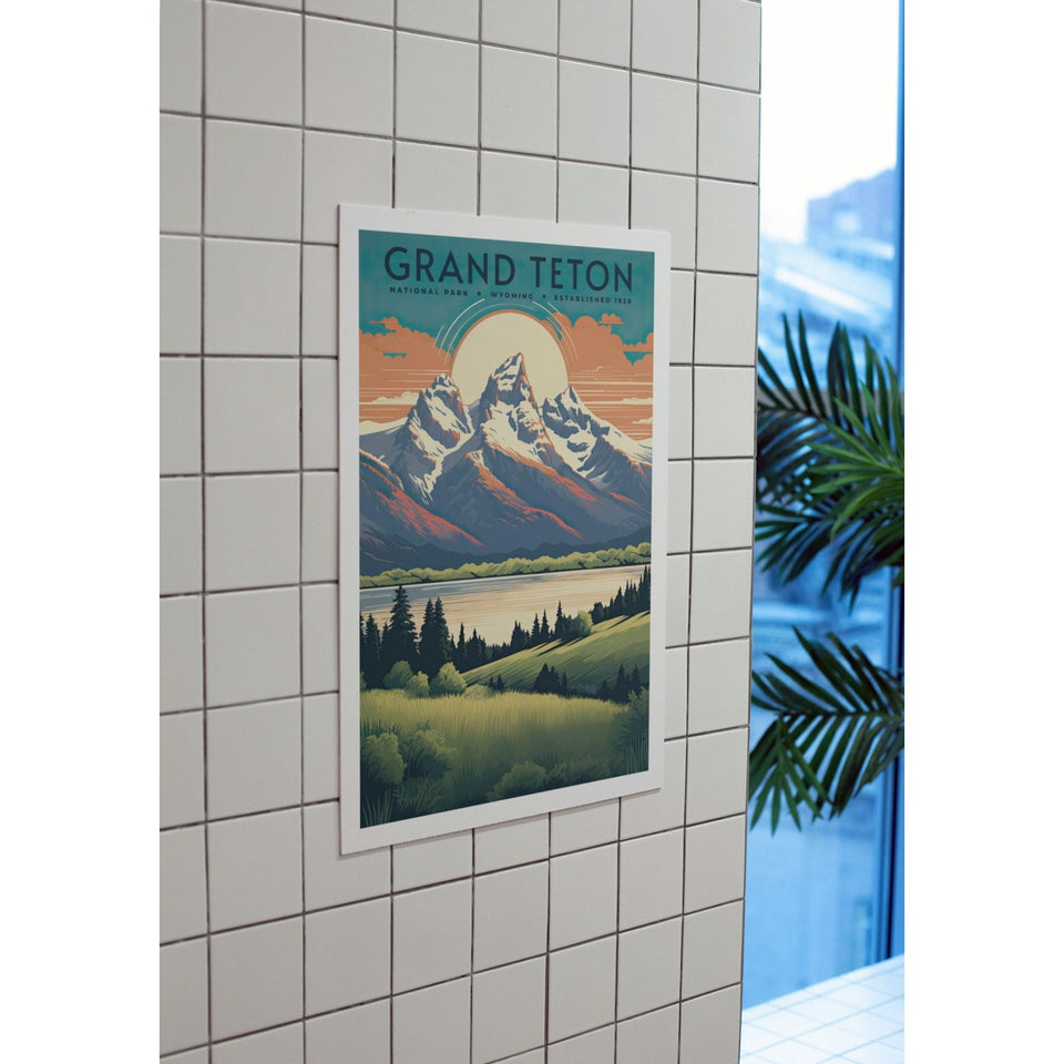 Grand Teton National Park Poster – Mountain Lake & Orange Sunset