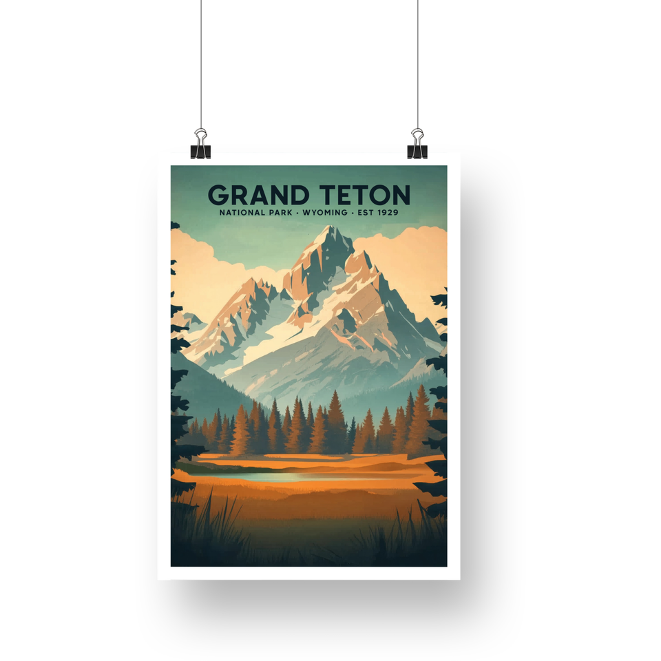 Grand Teton National Park Poster – Jagged Peaks & Pine Meadow