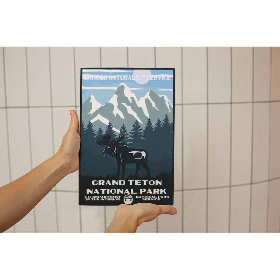 Grand Teton National Park Poster – Moose & Snowy Mountain Silhouette – Ranger Header