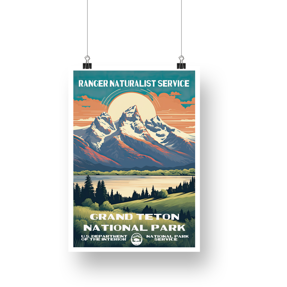 Grand Teton National Park Poster – Mountain Lake & Orange Sunset – Ranger Header