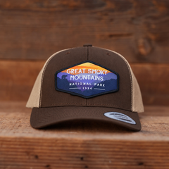 Great Smoky Mountains National Park Mesh Snapback Hat in Brown/Khaki — color mockup