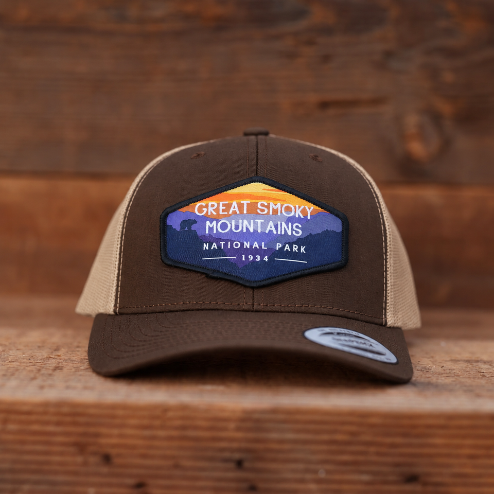 Great Smoky Mountains National Park Mesh Snapback Hat in Brown/Khaki — color mockup