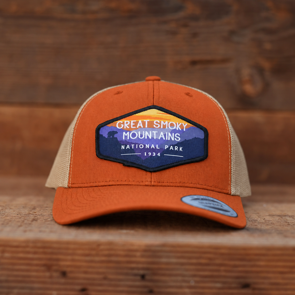 Great Smoky Mountains National Park Mesh Snapback Hat in Orange/Khaki — color mockup