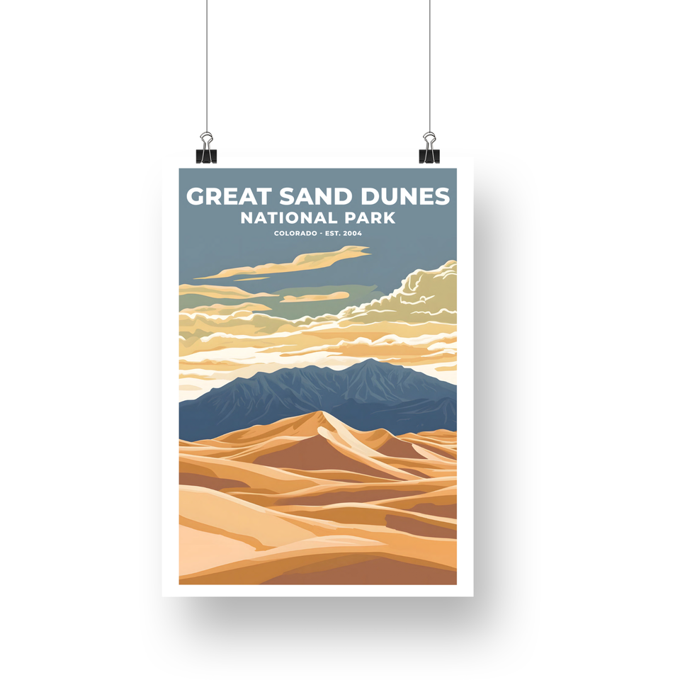 Great Sand Dunes National Park Poster – Golden Dunes & Clouded Mountains