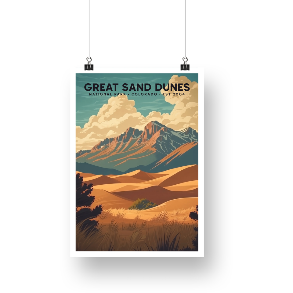 Great Sand Dunes National Park Poster – Golden Dunes & Mountain Range