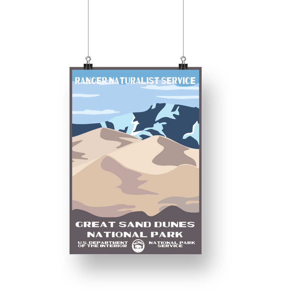Great Sand Dunes National Park Poster – Pale Dunes & Snowy Skyline – Ranger Header