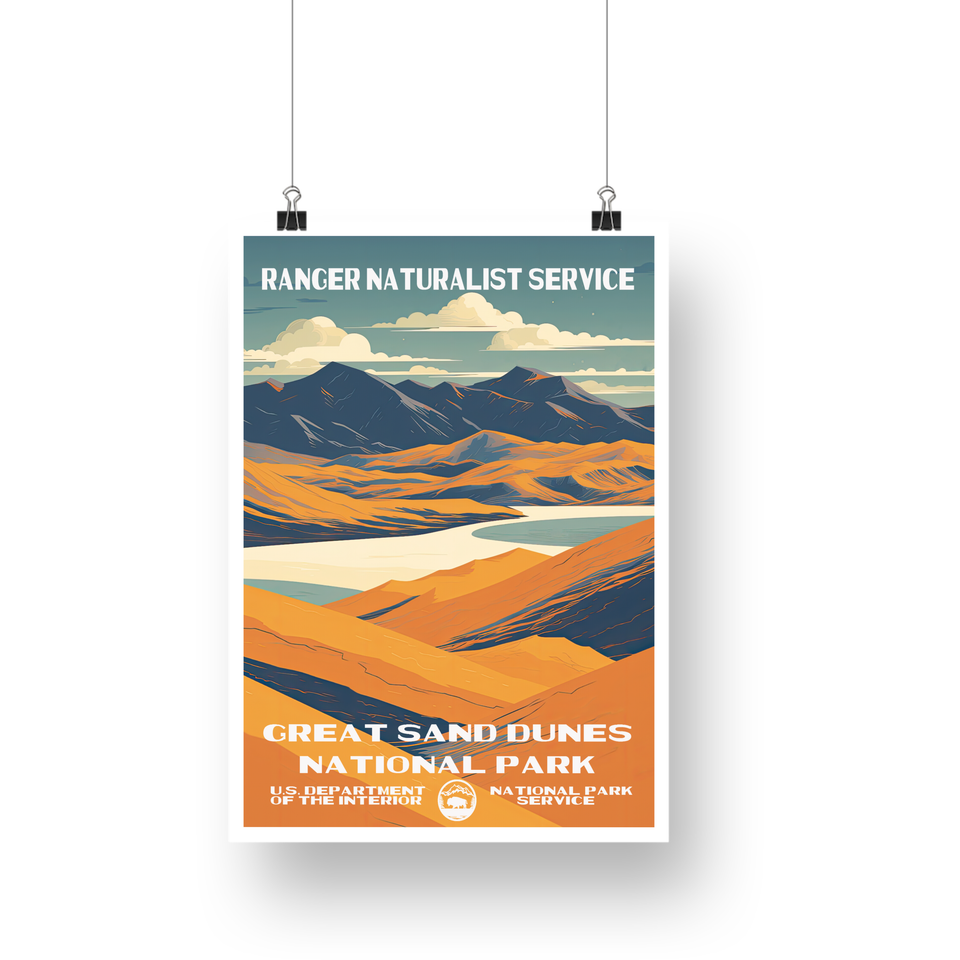 Great Sand Dunes National Park Poster – Golden Dunes & Layered Mountains – Ranger Header