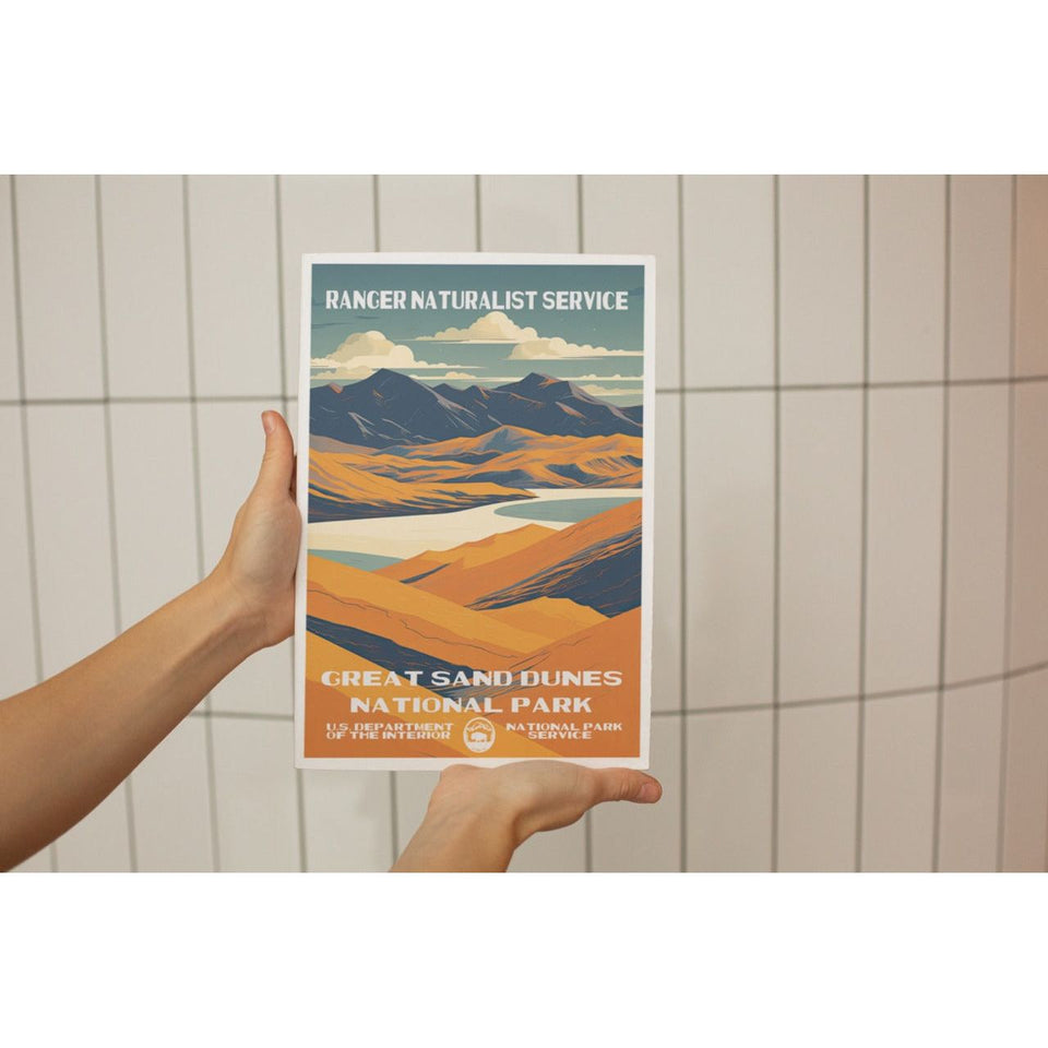 Great Sand Dunes National Park Poster – Golden Dunes & Layered Mountains – Ranger Header