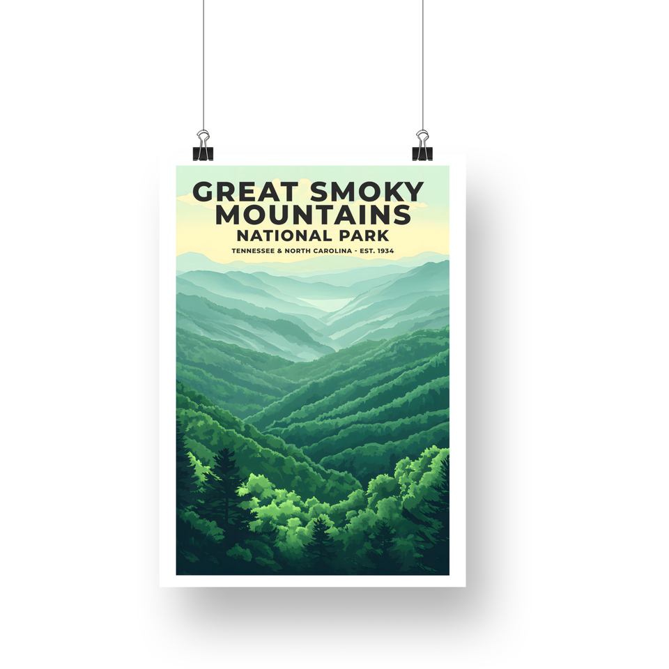 Great Smoky Mountains National Park Poster – Green Ridges & Misty Valley
