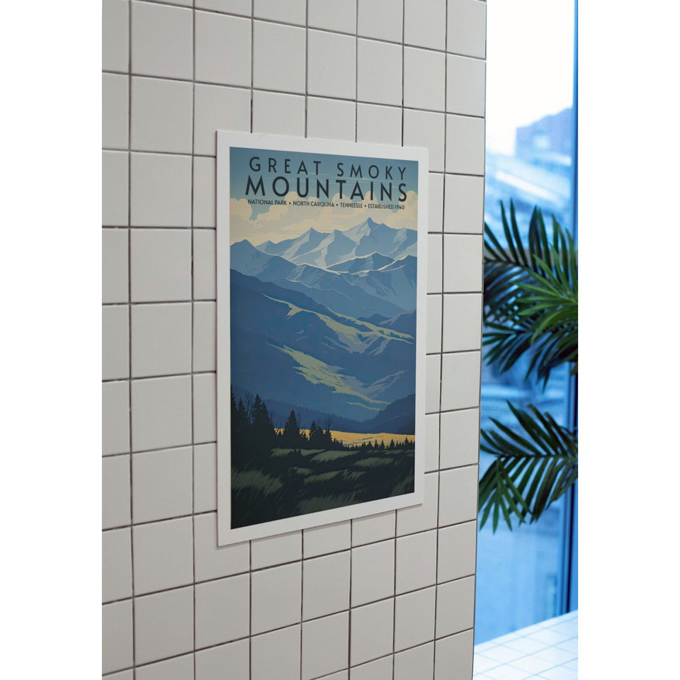Great Smoky Mountains National Park Poster – Layered Blue Ridges & Cloudy Sky