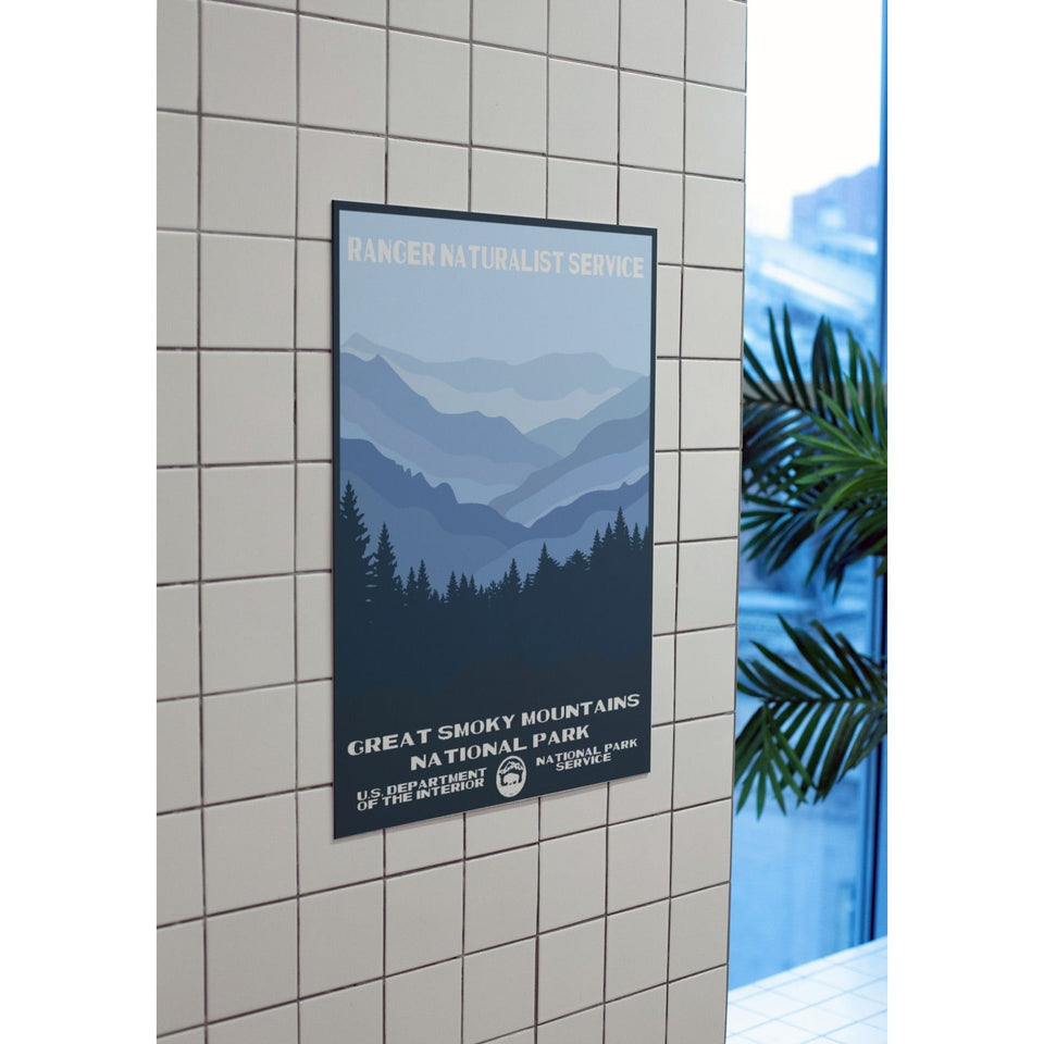 Great Smoky Mountains National Park Poster – Layered Blue Mountains & Pines – Ranger Header