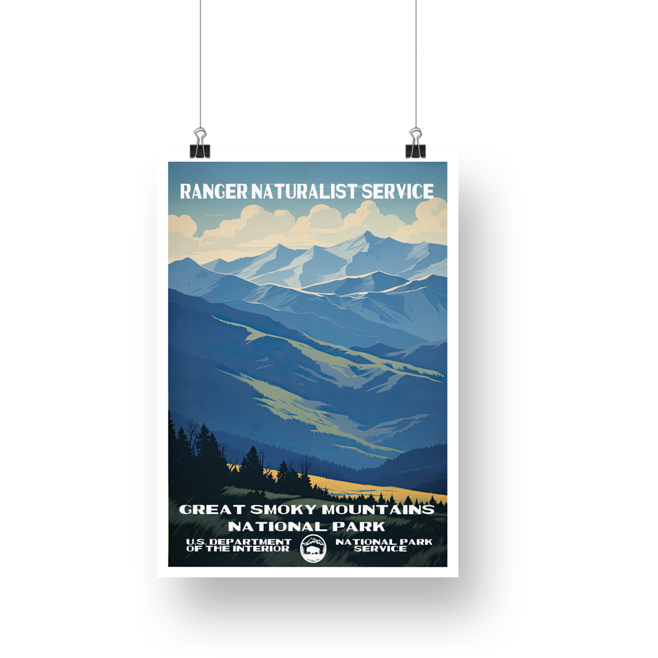 Great Smoky Mountains National Park Poster – Layered Blue Ridges & Cloudy Sky – Ranger Header