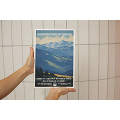 Great Smoky Mountains National Park Poster – Layered Blue Ridges & Cloudy Sky – Ranger Header