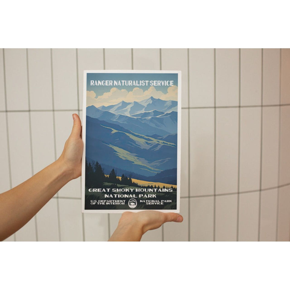 Great Smoky Mountains National Park Poster – Layered Blue Ridges & Cloudy Sky – Ranger Header