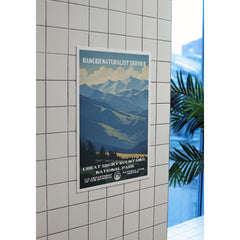 Great Smoky Mountains National Park Poster – Layered Blue Ridges & Cloudy Sky – Ranger Header