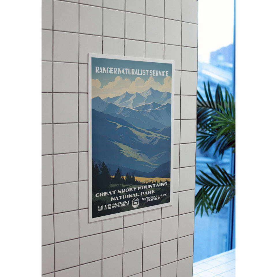 Great Smoky Mountains National Park Poster – Layered Blue Ridges & Cloudy Sky – Ranger Header