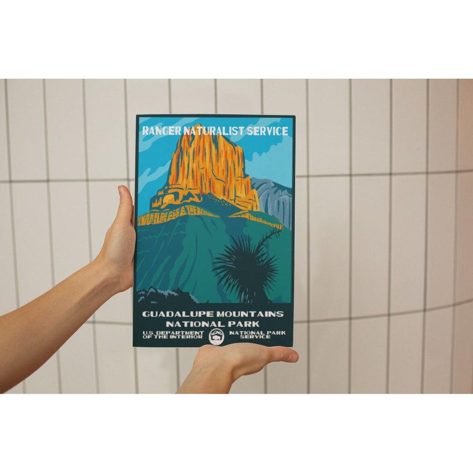 Guadalupe Mountains National Park Poster – Golden Desert Peak & Blue Hills – Ranger Header