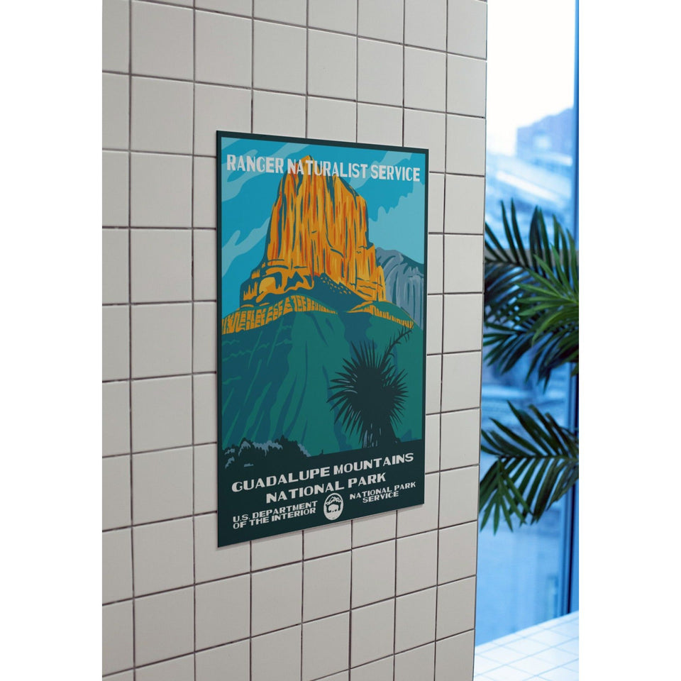 Guadalupe Mountains National Park Poster – Golden Desert Peak & Blue Hills – Ranger Header