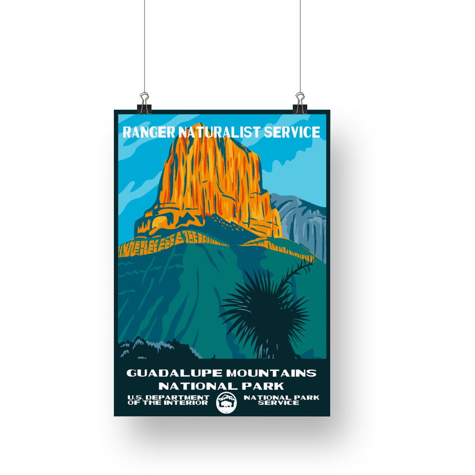 Guadalupe Mountains National Park Poster – Golden Desert Peak & Blue Hills – Ranger Header