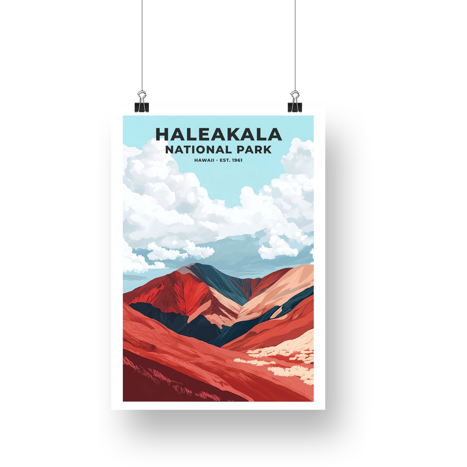 Haleakala National Park Poster – Red Crater & Cloudy Sky