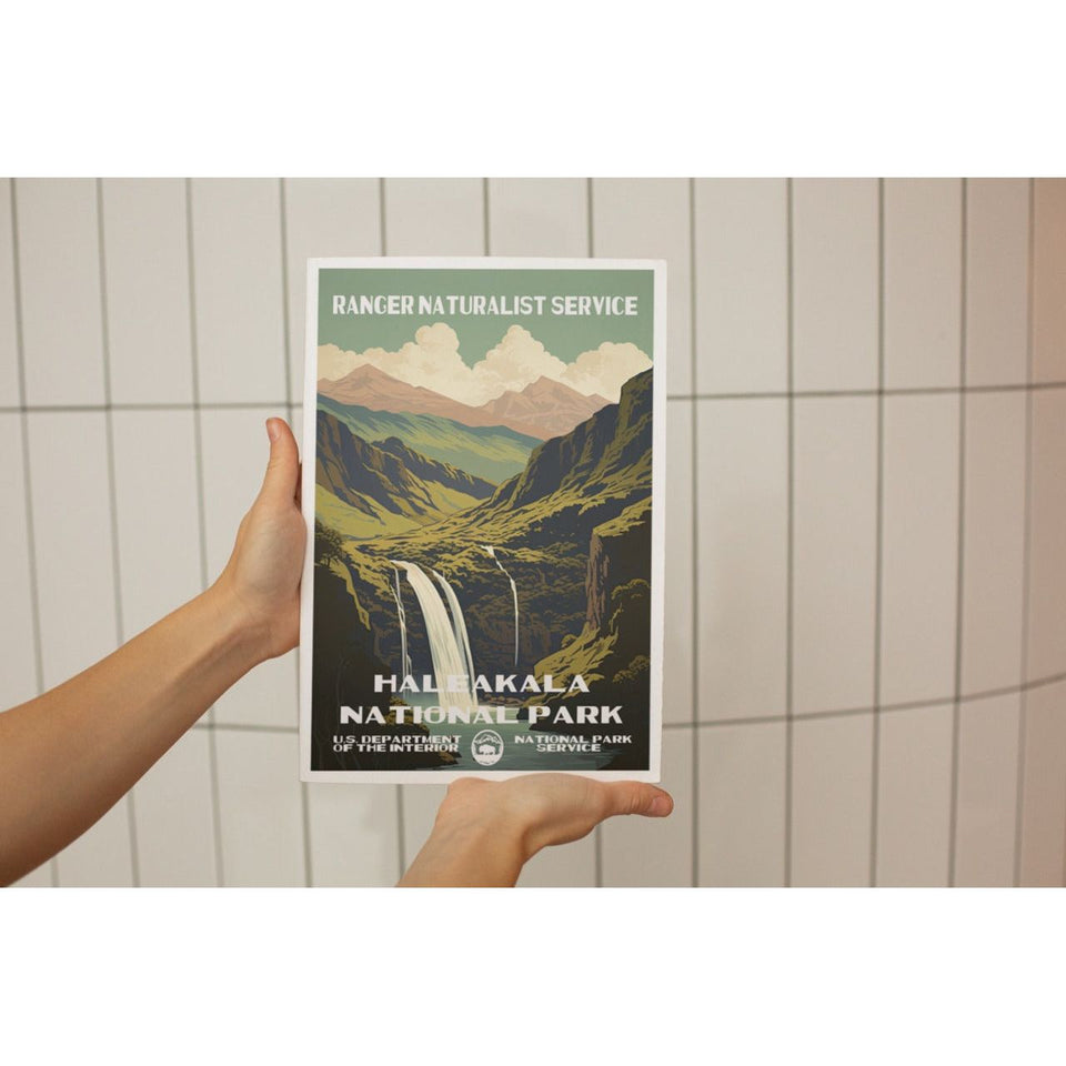 Haleakala National Park Poster – Green Crater & Waterfall – Ranger Header