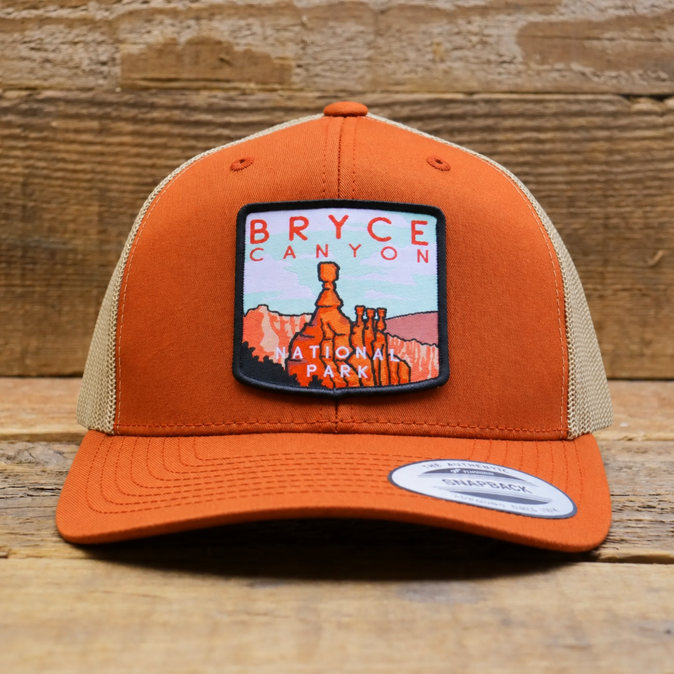Bryce Canyon National Park Mesh Snapback Hat in Orange/Khaki — color mockup