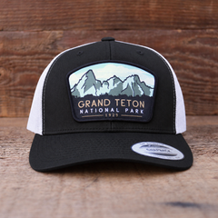 Grand Teton National Park Mesh Snapback Hat in Black/White — color mockup