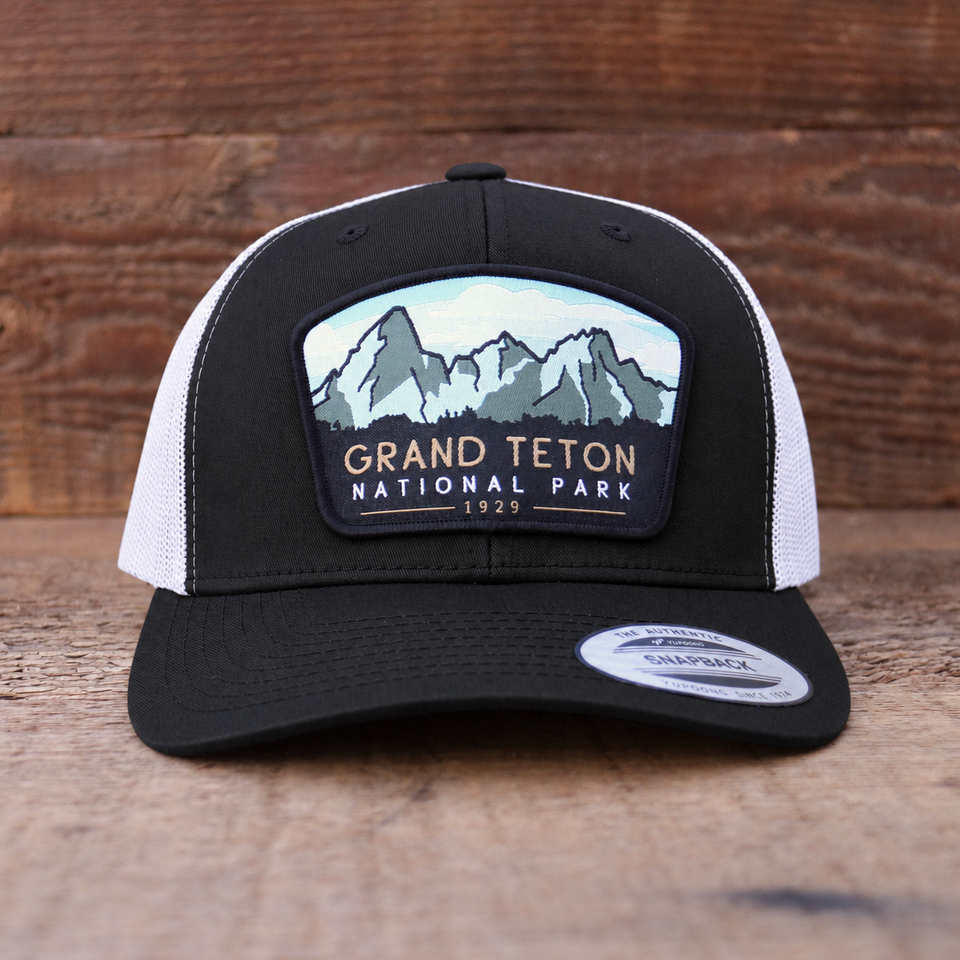 Grand Teton National Park Mesh Snapback Hat in Black/White — color mockup
