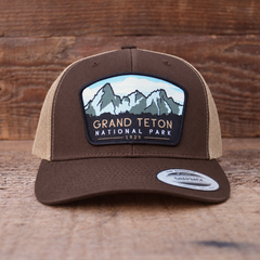 Grand Teton National Park Mesh Snapback Hat in Brown/Khaki — color mockup
