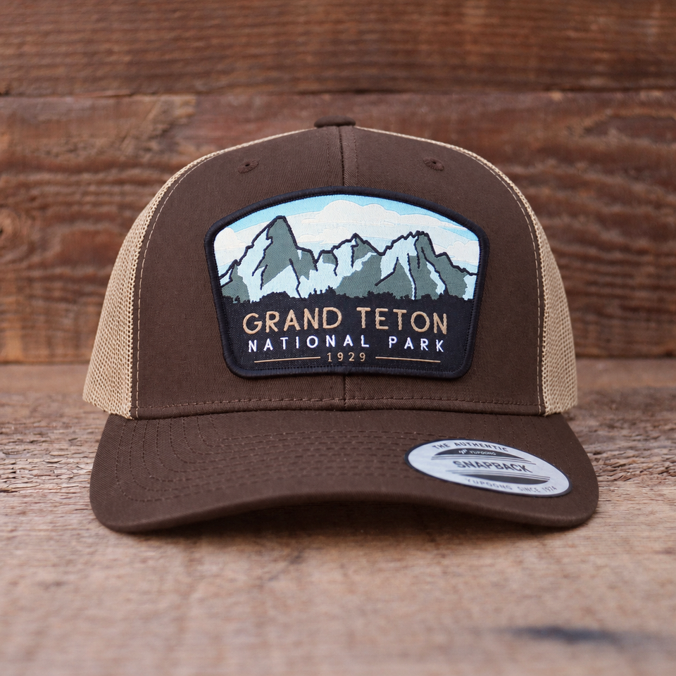 Grand Teton National Park Mesh Snapback Hat in Brown/Khaki — color mockup