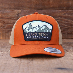 Grand Teton National Park Mesh Snapback Hat in Orange/Khaki — color mockup